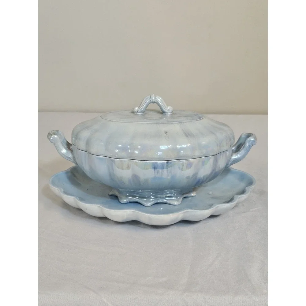 Vintage 1972 Sherry B Signed Iridescent Blue Ceramic Soup Tureen with Underplate